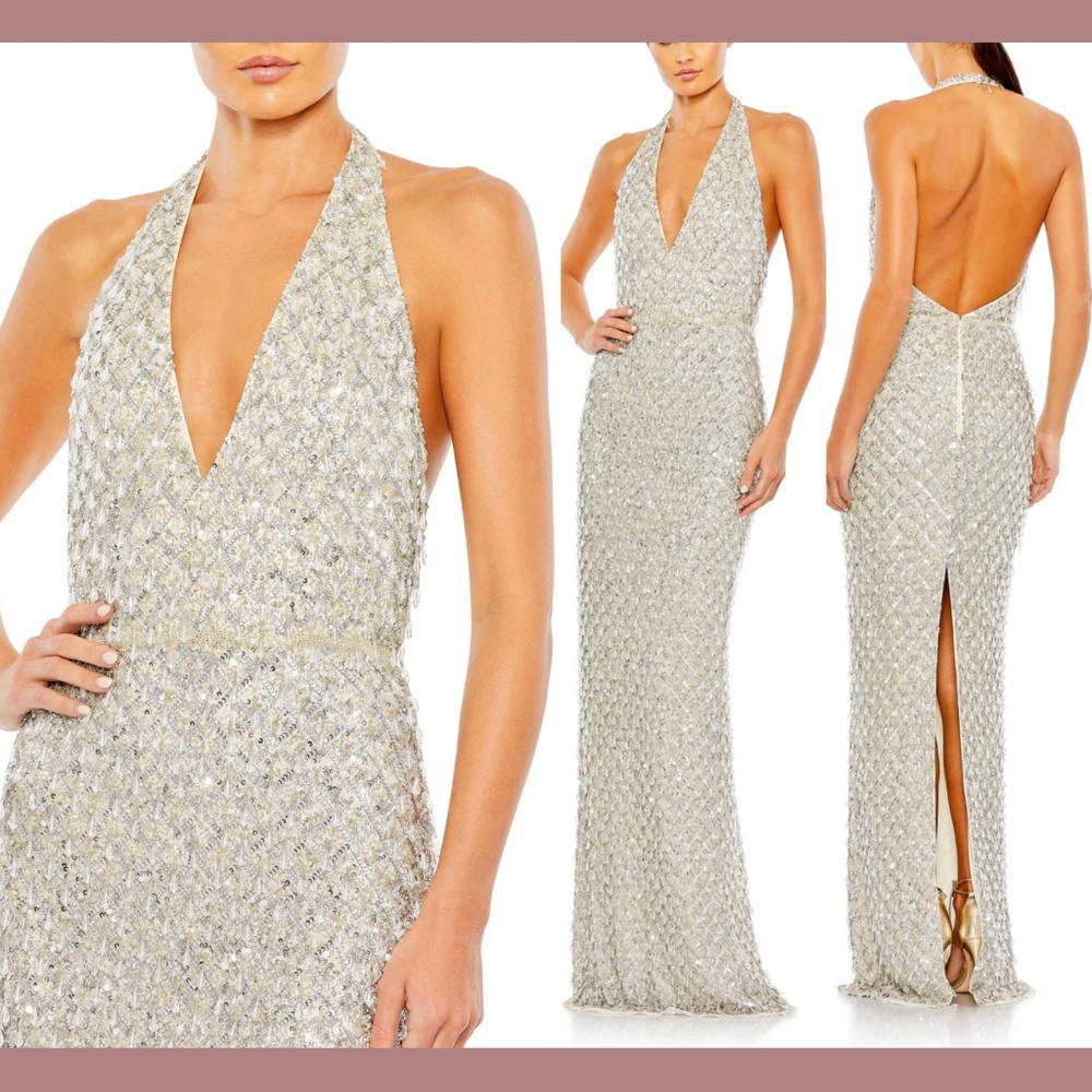 NWT‎ $1000 Mac Duggal [ 2 ] Sequined Crystal Fringe Halter Neck Gown Silver